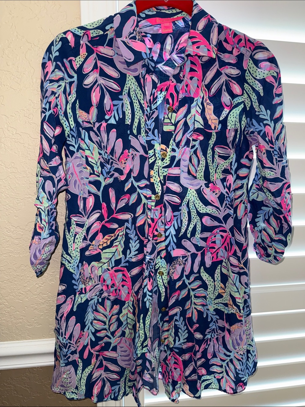Lilly Pulitzer Navy Tunic with Pink, Purple & Mint Leaf Motif